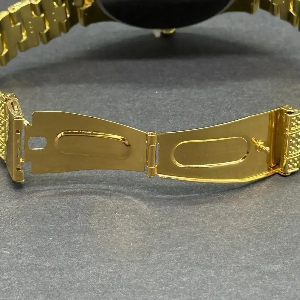 Gold Tone Iced Out Watch Green Dial Roman Numerals Crystal Date Bling Mens NEW